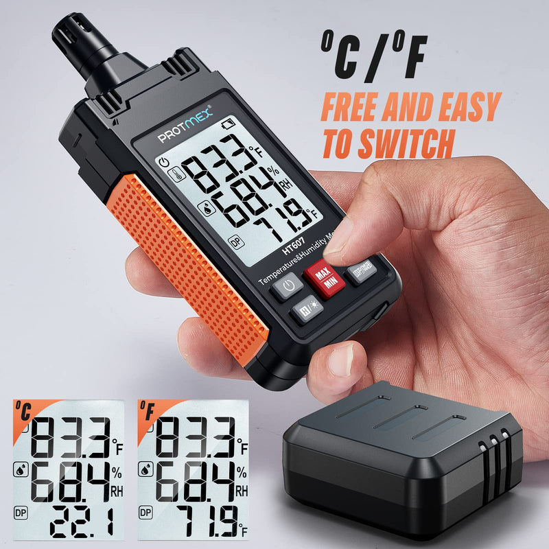 HT607 Temperature Humidity Meter High Precision Digital Hygrometer with Ambient, Relative Humidity, Dew Point, Wet Bulb Thermometer, Min/Max Hold, LCD Backlight with Cover Protector - NewNest Australia