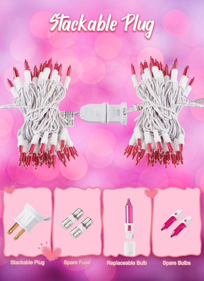 Pink Christmas String Lights, 50 Count 12 Feet Incandescent Bulb Mini Valentine's Lights, Waterproof Pink Lights for Indoor Valentine's Day Garland Wedding Party Festival Xmas Tree Decoration 50 Count - 1PC