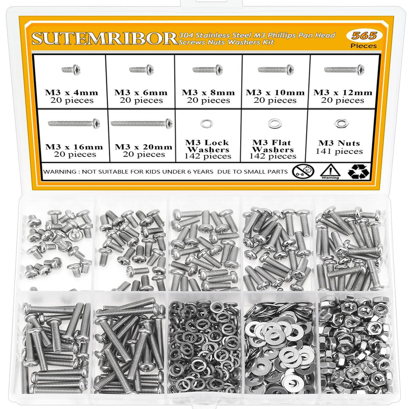 565 Pieces M3 Machine Screws Nuts Washers Set, Sutemribor M3 x 4/6/8/10/12/16/20mm Phillips Pan Head Machine Screws Nuts Washers Assortment Kit, 304 Stainless Steel, Fully Threaded