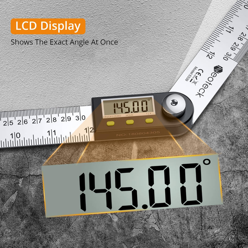 Neoteck 12 inch/30cm Stainless Steel Digital Angle Finder Protractor Ruler with Data Holding Function for Woodworking Construction Repairing