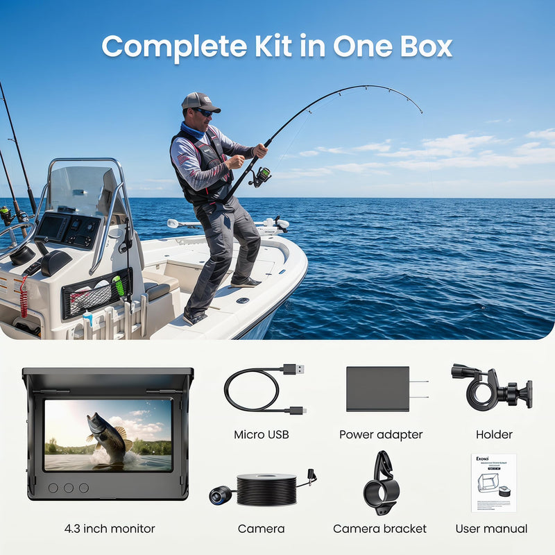 Eyoyo Underwater Fishing Camera with 4.3" LCD Monitor | 65ft Cable, 8 IR Night Vision Lights, 195° Wide Angle Lens, 5000mAh Battery, for Ice, Lake, Boat & Kayak Fishing