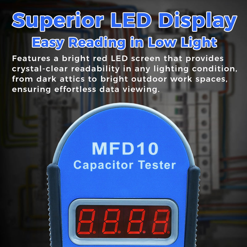 MFD10 Capacitor Tester, Digital Capacitance Meter with LED Display, 0.001µF to 9999µF Range, ±5% Accuracy, for HVAC Appliance Motor Start/Run Capacitor Testing (Black)