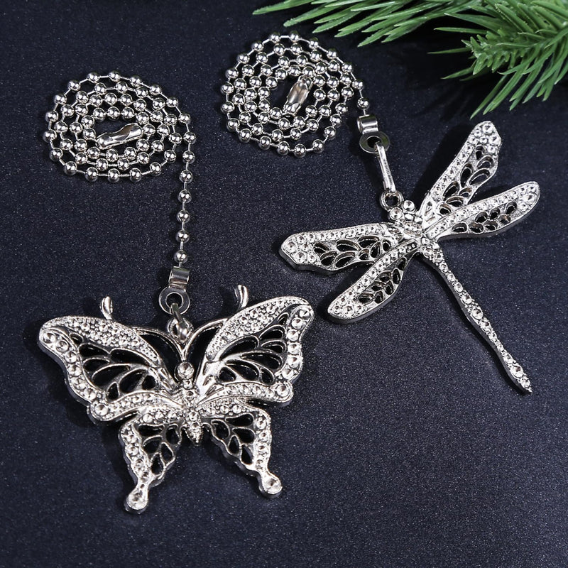 Silver Ceiling Fan Pull Chain Extender,Dragonfly and Butterfly Decorative Fan Chain Pendant Extension,12in Chain 3mm Beaded Fan String Chain Ornaments with Connector for Fan Lamp,2Pack Silver