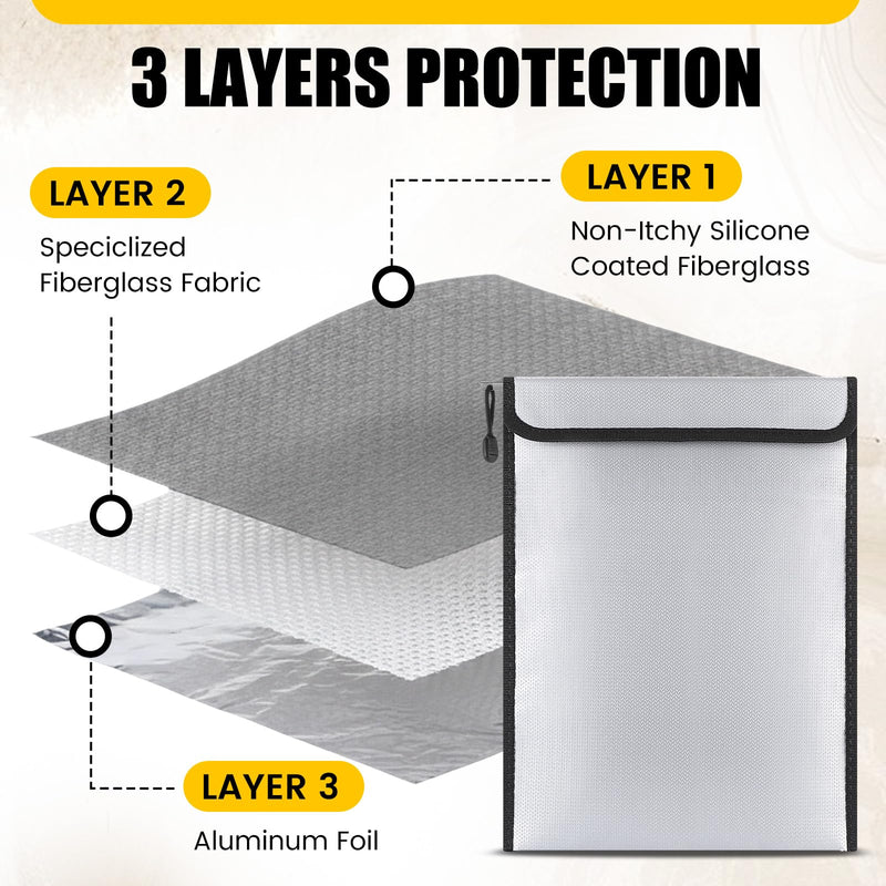 3 Pack Fireproof Waterproof Document Bag (2000℉) Fire Proof Money Bag with Zipper Fire Water Resistant Safe Important Document Storage Organizer Pouch for Cash Passport File(15”x 11”) 15”x 11”