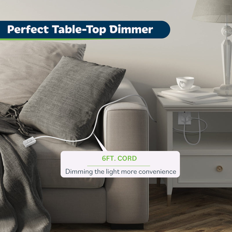 TOPGREENER Table-Top Plug in Dimmer for Table or Floor Lamps, Slide Control, Works with 360 Watt Incandescent/Halogen and 150 Watt Dimmable CFL/LED, Off at Lowest dim, 6ft Cord, TGTTDL300-W, White 1 Pack