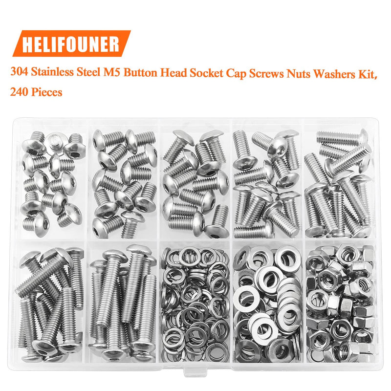 240 Pieces M5 x 6mm /8mm /10mm /12mm /16mm /20mm /25mm, Button Head Socket Cap Screws Bolts Washers Nuts Kit, 304 Stainless Steel