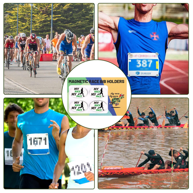 4 Pairs Magnetic Race Bib Clips, Oval Shaped Bib Holder for Runners with Card Reusable Running Number Bib Fasteners Magnets Pin-Free Marathon Race Bib Snap Lock for Runners Field Triathlon Cycling
