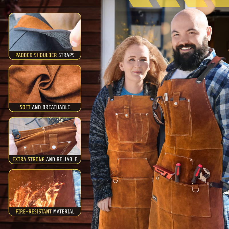 FIGHTECH Shop Apron - Heavy Duty Wood Working Apron for Men with Tool Pockets for Woodworkers Blacksmiths Carpenters M-XXL Brown Leather