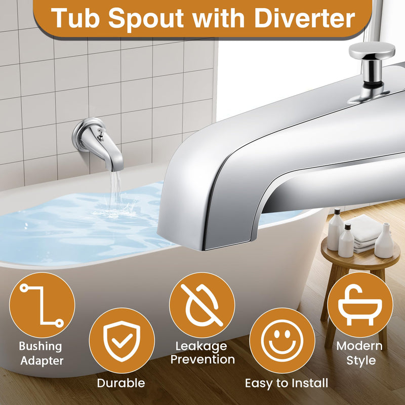 Enhon Tub Spout with Rear Diverter, Bathtub Spout Fitting 1/2-Inch or 3/4-Inch IPS, 5-1/4 Inch Length Bathroom Bathtub Faucet with Adapter, Chrome Finish Without Handheld Shower Fitting
