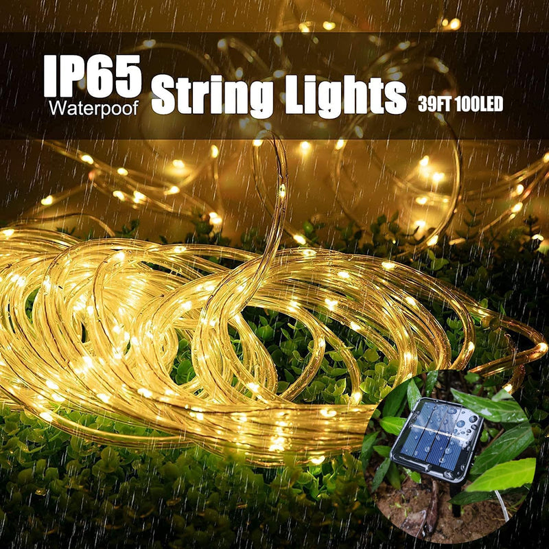 Solar Rope Light Waterproof IP65 39FT 100LEDs Outdoor LED ‎Solar Outdoor Lights for Party Garden Yard Home Wedding Christmas Halloween Holiday Tree Decoration Lighting Warm White 100 LED