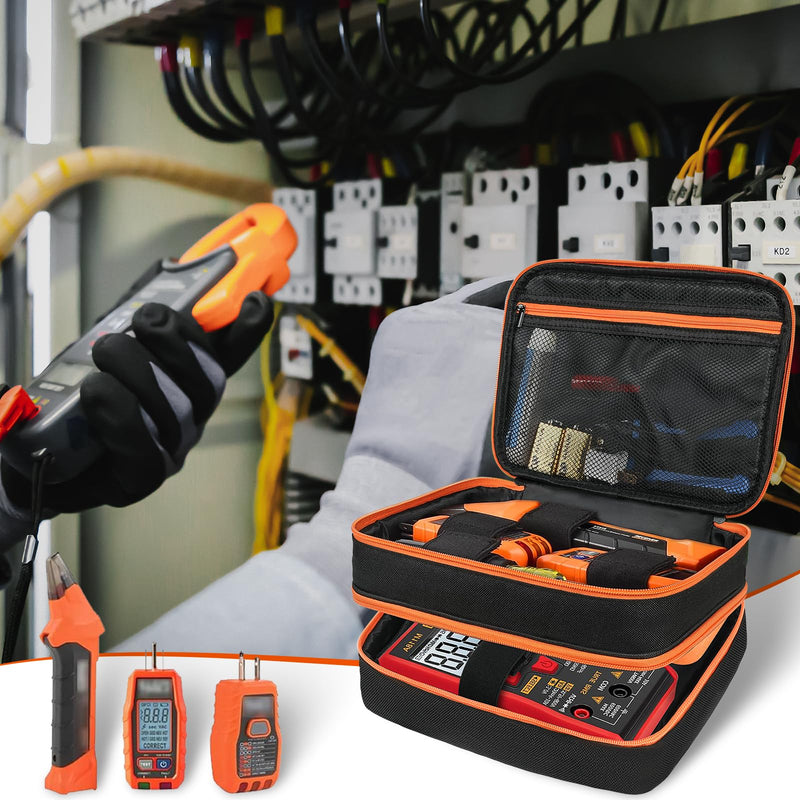 Carrying Case Compatible with Klein Tools ET310 AC Circuit Breaker Finder & RT250 GFCI Outlet Tester & Electrical Test Kit,Circuit Tester Storage Organizer Fits for Digital Multimeter,Clamp Meter Black & Orange