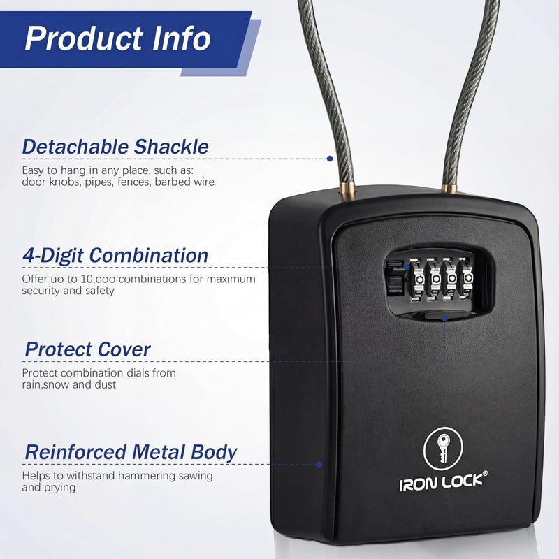 Iron Lock® Key Lock Box Portable with Cable Shackle & Wall Mount – Waterproof Heavy Duty Metal Lock Box for Keys with 4-Digit Combination Code on Door Knob, Fence, Pipe or Gate Extra Large(Black, XXL) 2X-Large Portable Cable Black