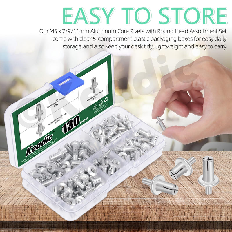 Keadic 130Pcs M5 x 7/9/11mm Aluminum Core Rivets with Round Head Assortment Set with Plastic Case, Half Round Head Hammer Expansion Drive Blind Rivets for Electronic Mechanical Equipment M5*7mm & M5*9mm & M5*11mm