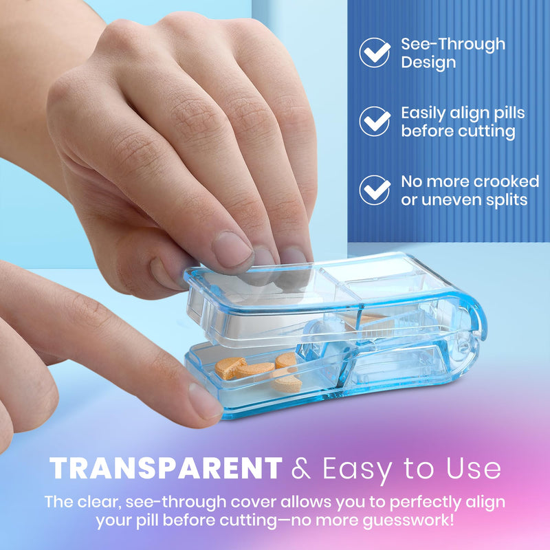 Pill Splitters - (Pack of 2) Pill Cutters with V- Grip for Small and Medication - Easily Cut Pills, Splitter | Cutter and Crusher with Pill Holder Case to Spli (1) Blue + (1) Clear