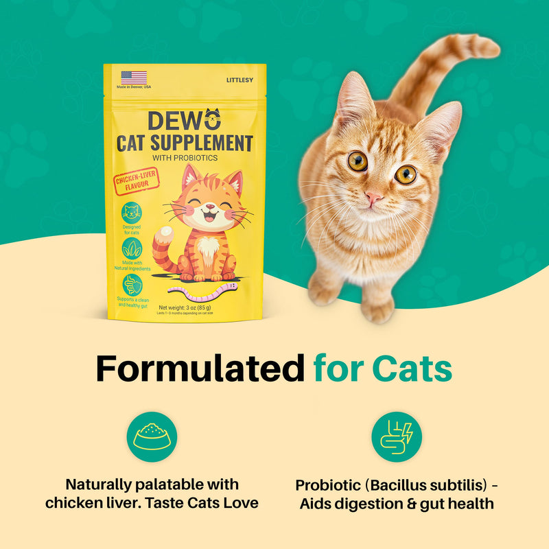 Natural Intestinal Support for Cats & Kittens – with Diatomaceous Earth, Pumpkin Seed & Probiotics – Powder Supplement for Digestive & Gut Health – Made in USA