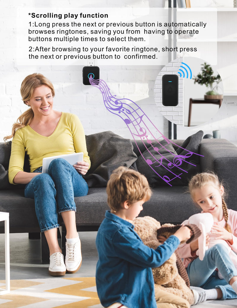 Wireless Doorbell, Waterproof Door Bell Operating at 1000ft with 60 Chimes & 5 Levels Volume for Home Classroom Office Hospital (1 Receiver & 1 Button, Black)