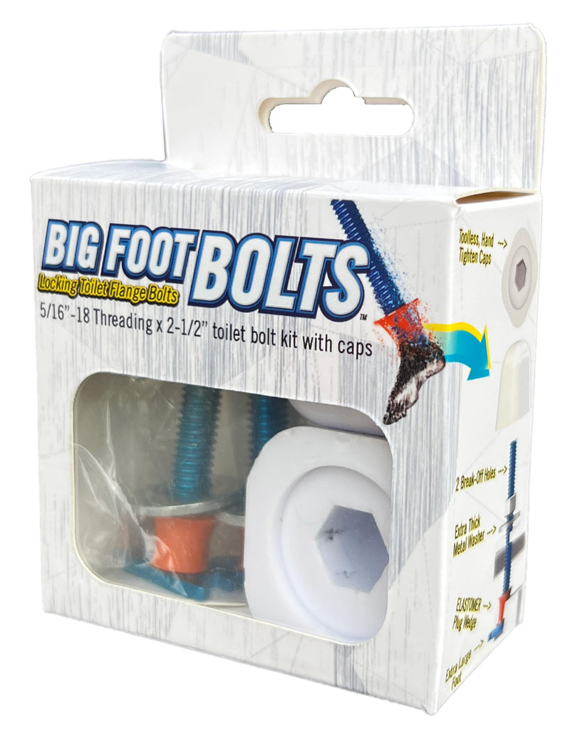 Big Foot Toilet Bolts & Hand-Tighten Caps - 5/16" Thread - 2.5" Length - Rubber Wedge Locks in Flange
