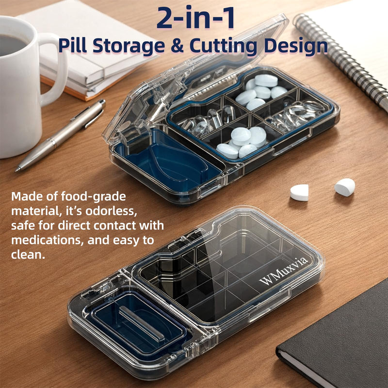 Pill Cutter with 4-Compartment Pill Organizer, 2-in-1 Portable Moisture-Proof BPA-Free Pill Box, V-Slot for All Pills, Thickened Steel Blade & Safety Guard (Gray) Gray