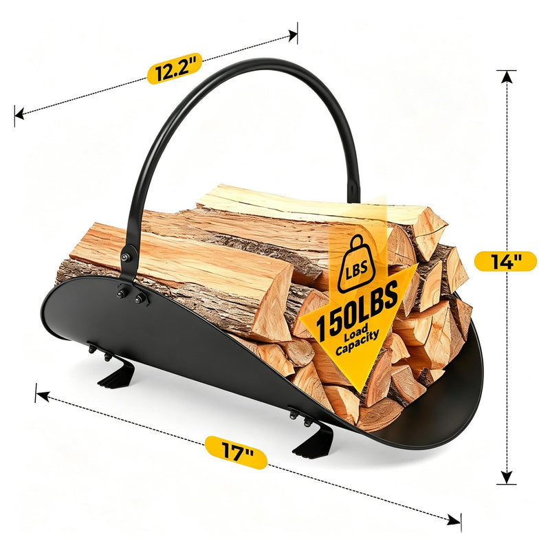 AMAGABELI GARDEN & HOME Fireplace Log Holder Indoor Firewood Carrier Metal Wood Rack Holder Tools Covers Fire Wood Basket Container Sets Ash Bucket and Carrying Bag Black Hearth 17"-Oval