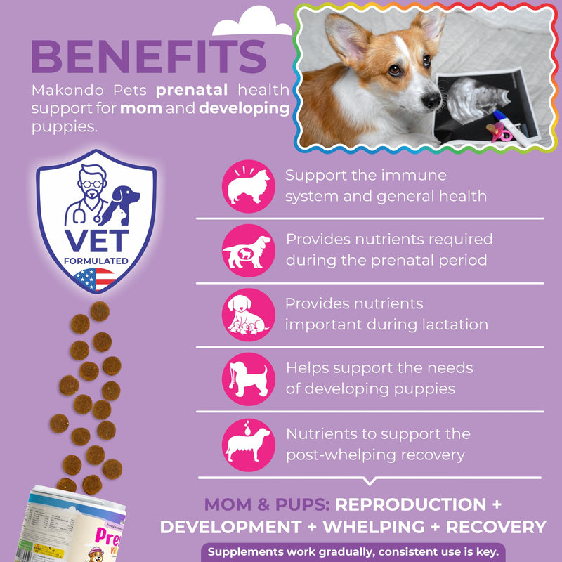 Dog Prenatal Vitamins – 120 Soft Chews Multivitamin, Folic Acid, Zinc, B-Complex, DHA & EPA Omegas and Probiotics Supplement for Pregnant, Nursing Breastfeeding pet – Mom & Puppy Vitamin Formula.