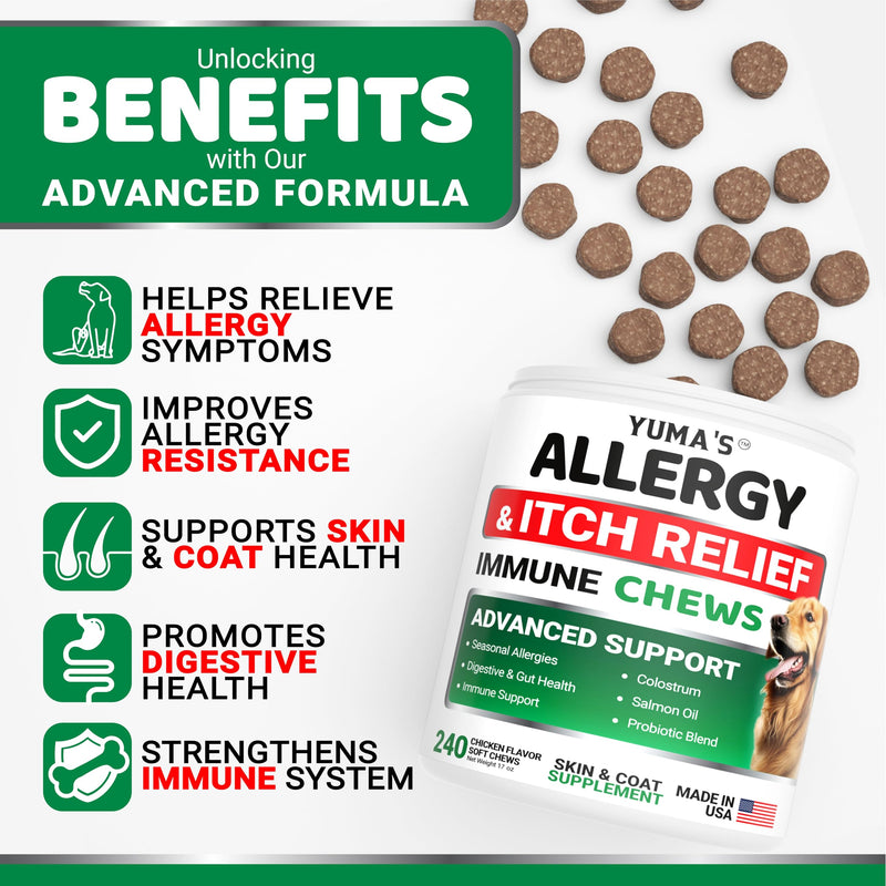 Dog Allergy Relief Chews - 240 Immune Treats - Dog Itching Skin Relief Treatment Pills - Anti-Itch - Itchy and Paw Licking - Omega 3 Fish Oil for Dogs Allergies - Dry Skin & Coat Supplement Vitamins 240 Chews Dog Allergy Chews