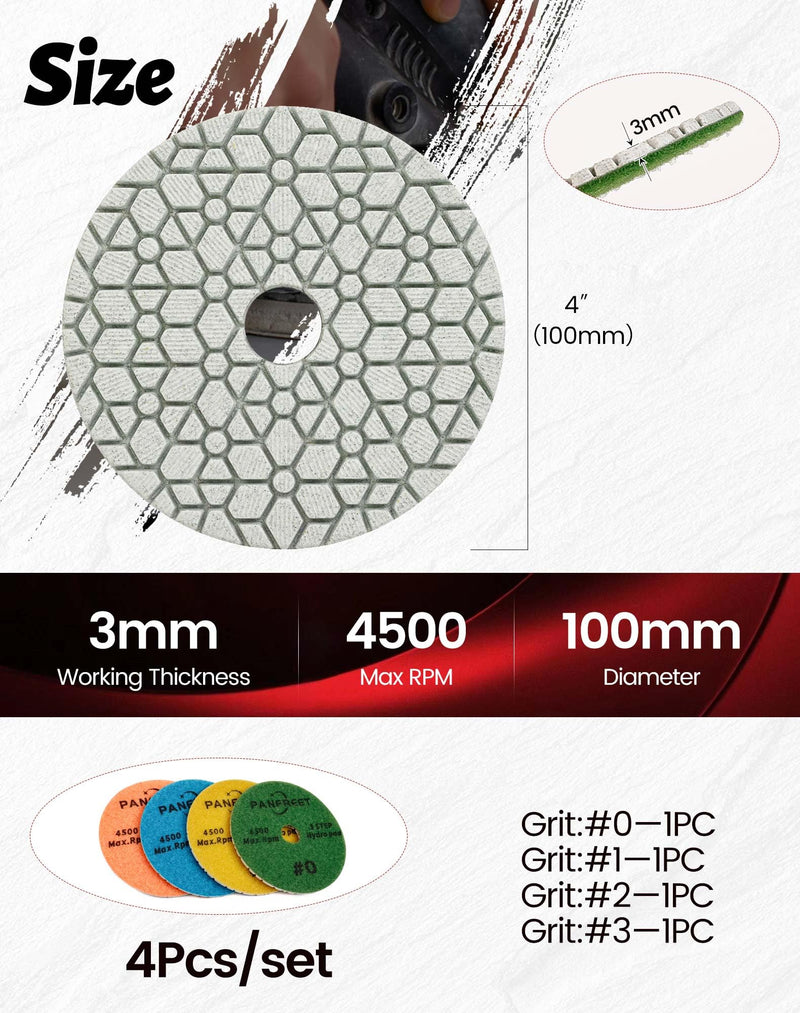 4"/100mm 4 Step Polishing Diamond Pads,Granite Polishing Pads Wet for Granite Marble Quartz Concrete 4 Step Set