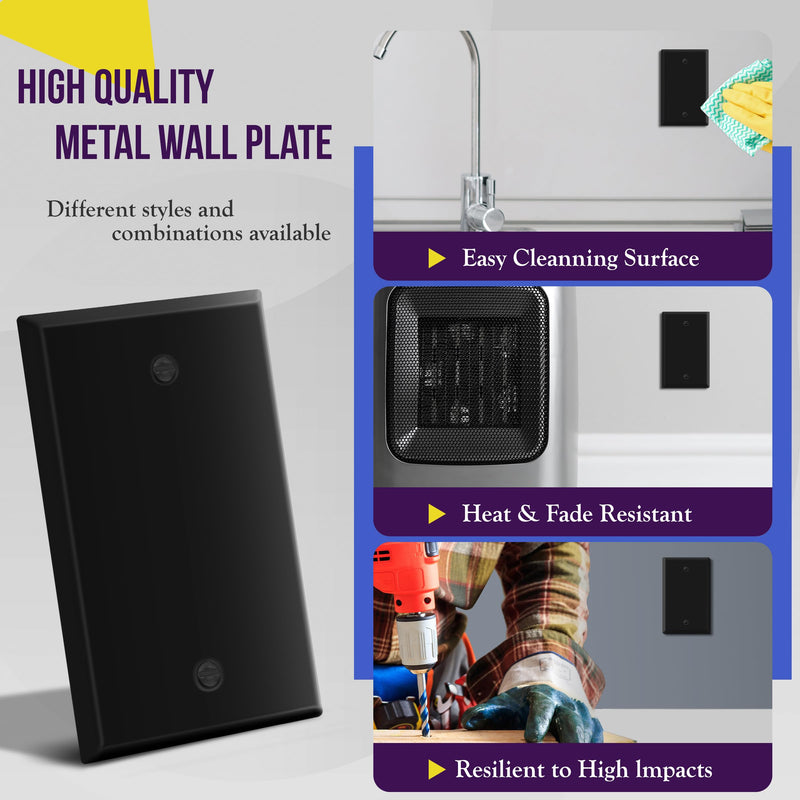 ENERLITES Blank Device Metal Wall Plate, Corrosion Resistant, Standard Size 1-Gang 4.50" x 2.76", Powder Coated Stamped Steel, 7701-BM, Black Matte