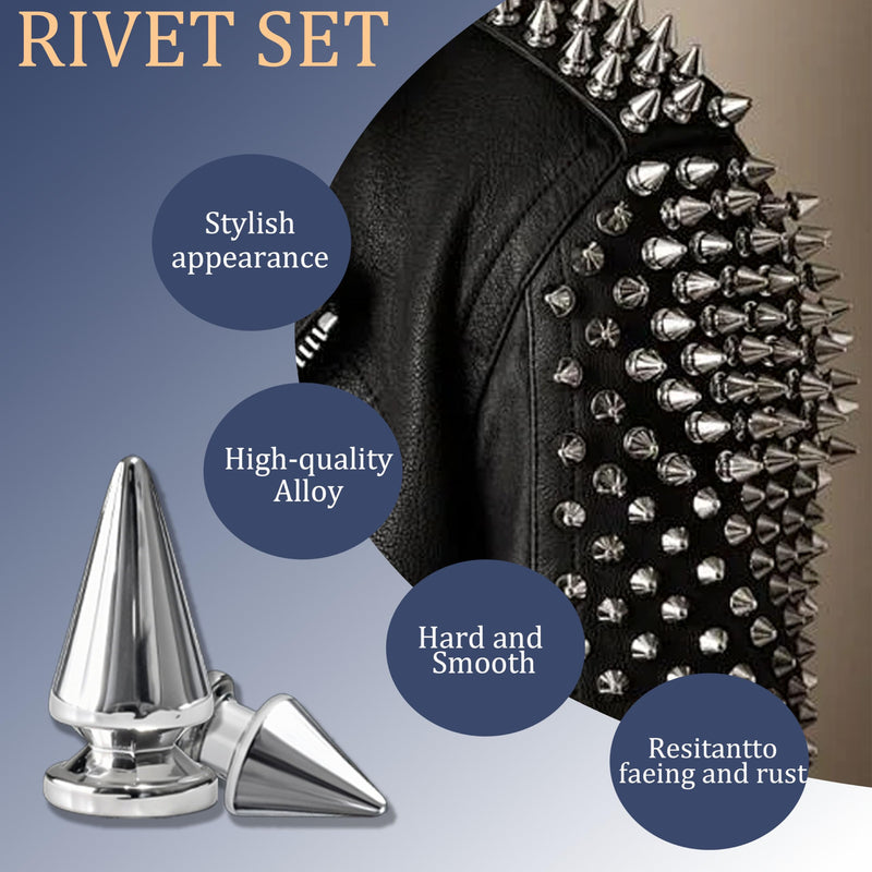 455 Pcs Punk Spikes and Studs Kit, 10 Sizes Metal Cone and Square Studs for Clothing and Leathercraft, DIY Punk Style Decoration for Jackets, Bags, Belts and Dog Collars
