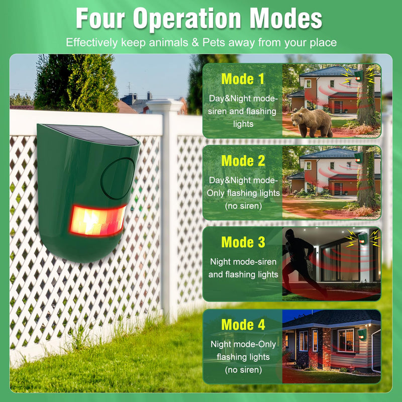 ChunHee Solar Motion Sensor Alarm Outdoor 4 Working Mode Motion Activated Alarm 129dB Loud Sound Noise Maker IP65 Waterproof Motion Detector with Strobe Light for Yard Farm Garden 4PC