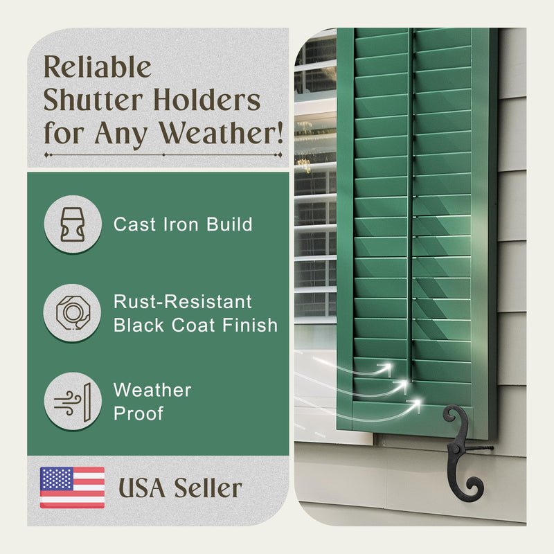 Renovators Supply Cast Iron Shutter Fasteners - Decorative S Style Shutter Dogs Hardware - Weatherproof Powder Coated External Shutter Tieback Including Mounting Screws - 6.5 Inches, Pack of 2