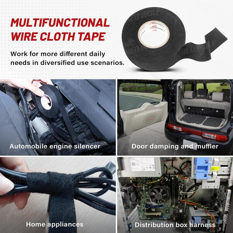 RED WOLF Wire Harness Tape 1 Inch 50 FT High Temp Wiring Loom Harness Self-Adhesive Felt Cloth Electrical Tape for Automotive Engine Electrical No Residue Fabric Insulated Black 5 Rolls