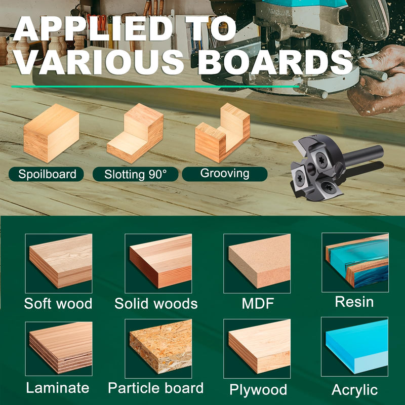 Slab Flattening Router Bit 1/4 inch Shank, 1-1/4'' Diameter, 4Wing | CNC Spoilboard Surfacing Router Bit Wood Planer Bit for Slab Flattening, Spoilboard Leveling, Trimming, and Grooving 1/4" Shank-1-1/4" Cut Dia. (2+2 Inserts)