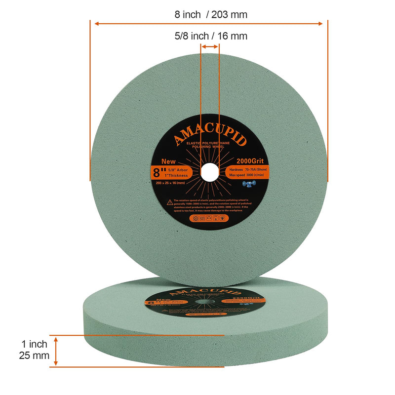 Elastic Polyurethane Buffing Wheels 8 Inch 2000 Grit. Silicon Carbide Abrasive.For Bench Grinding Wheel Polishing Machine. Mirror Polished Stainless Steel, Copper etc. 5/8 Inch Arbor