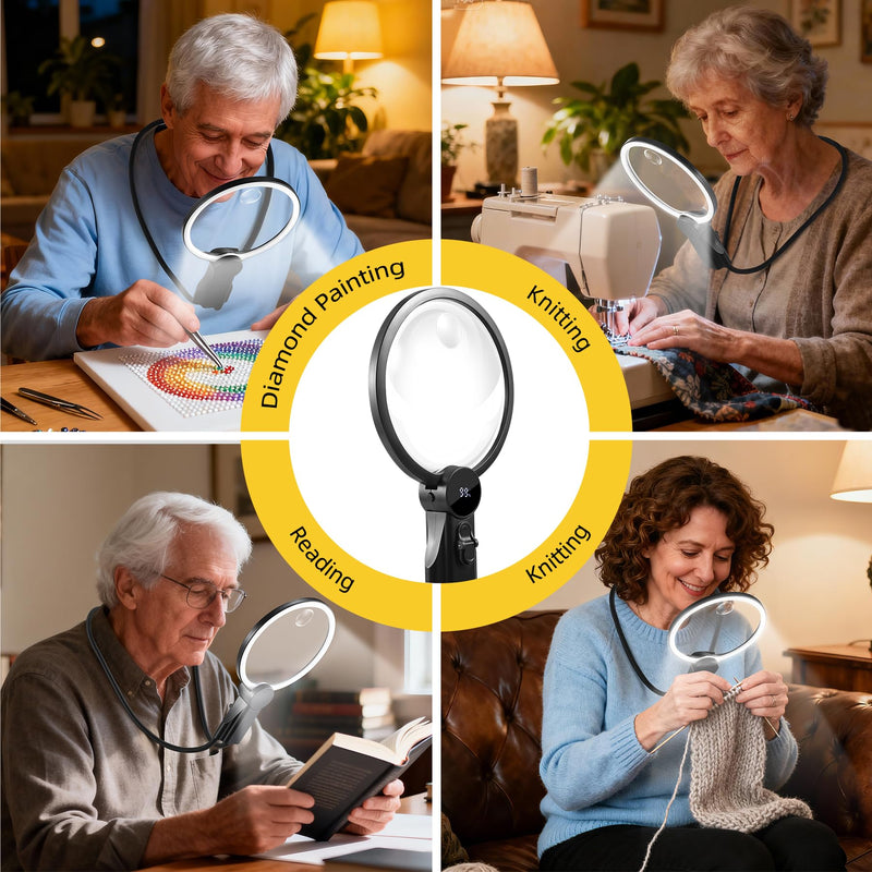 2500mAh Magnifying Glass with Light, Upgrade LCD Display Screen 5X/10X Lighted Magnifier for Seniors & Low Vision, Hands Free Magnifier for Reading, Knitting, Cross Stitch & Crafts Black