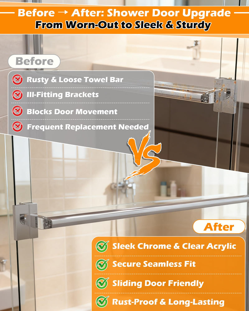 IWIWE 30" Long Chrome Framed Sliding Shower Door Towel Bar Kit - Clear Acrylic Brackets with Bright Chrome Sleeve, Replacement for Alumax/Basco Framed Sliding Glass Shower Door Towel Rod 30" Chrome Towel Bar (w/Clear Brackets)