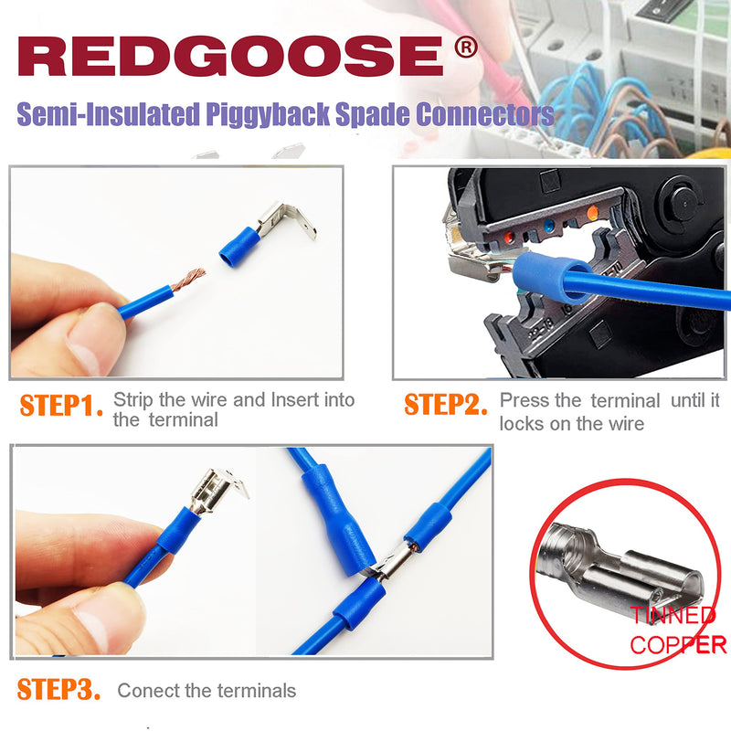100PCS Semi-Insulated Piggyback Spade Connectors 1/4" 22-10 AWG Female/Male Quick Disconnect Piggyback Spade Crimp Terminals Assortment Kit