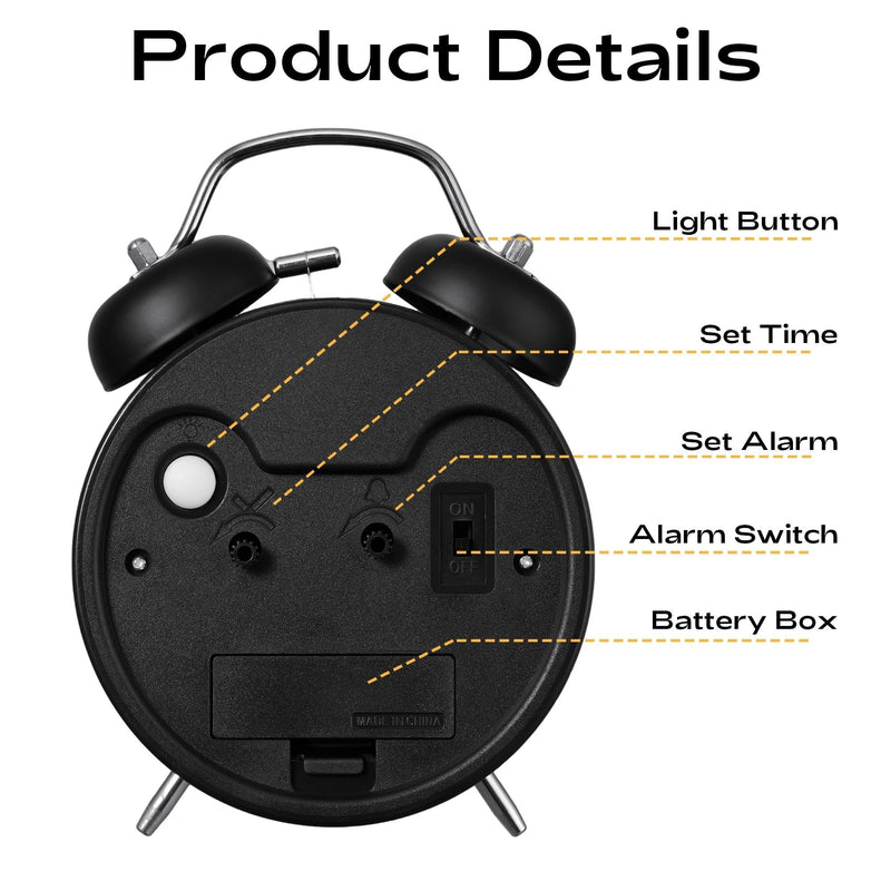 AKCISOT Loud Alarm Clock for Heavy Deep Sleepers, 4.5 Inches Analog Metal Twin Bell Clocks Battery Operated with Backlight for Bedroom Bseide, Old Fashioned for Desk Home Decoration (Black) B_black 4.5 Inch