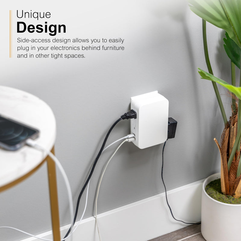 GE-UltraPro 5 Outlet Extender with Side-Access, Wall Tap Surge Protector with 1 USB-A and 1 USBC, 3-Prong, Secure Install, White, 83503 USB-C