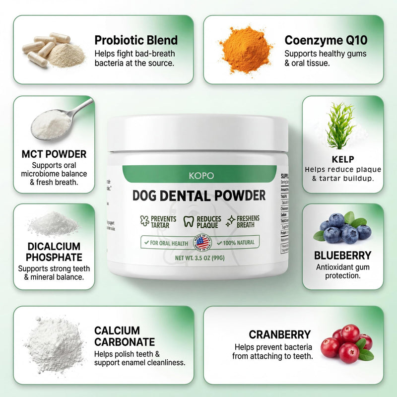 KOPO Dog Dental Powder | Dog Oral Care Supplement | Supports Fresh Breath & Gum Health | Helps Reduce Plaque & Tartar Buildup | Beef Liver Flavor | All Breeds & Sizes