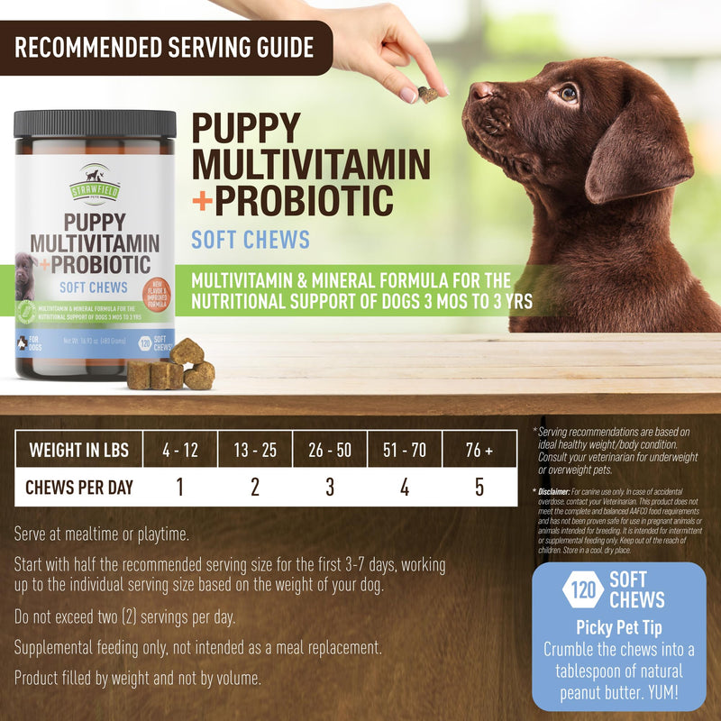 Strawfield Pets' Puppy Multivitamin + Probiotics for Dogs Puppy Vitamins with Joint Support Supplement for Dogs & Puppies Tasty Bacon Flavor 120 Soft Chews Hickory Bacon