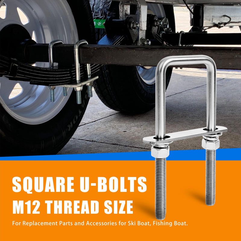 4 Sets Heavy Duty Square u Bolts M12 Thread Size,304 Stainless Steel u-Bolts 2-1/16" W x 6-1/2" L,with Nuts,Bolt Plate and washers (4, M12 x 2-1/16" W x 6-1/2" L) 4