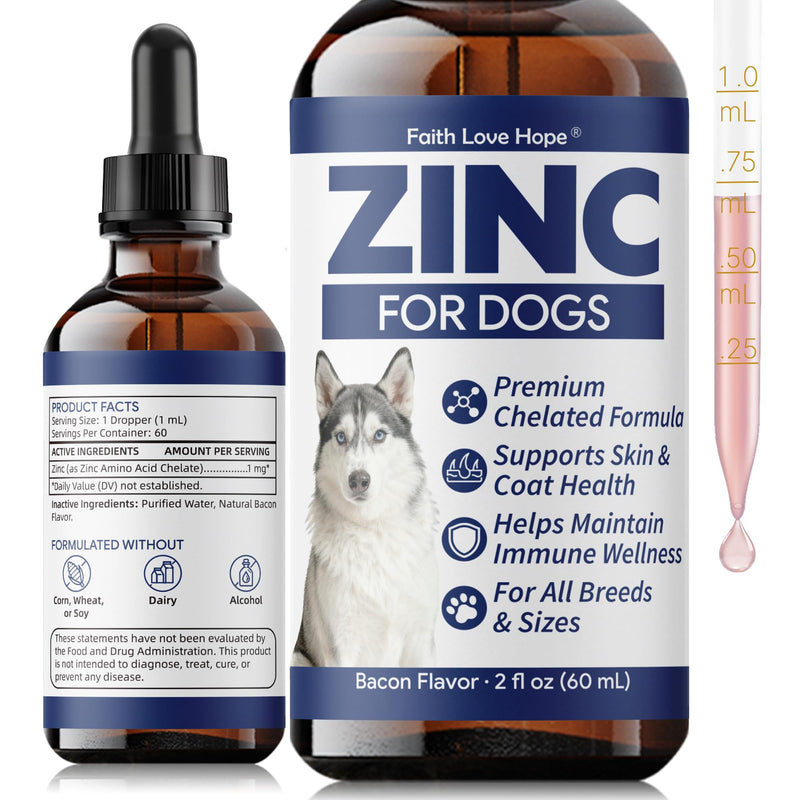 Zinc for Dogs - Dog Skin and Coat Supplement, Chelated Zinc Liquid Drops for Immune Support, Excessive Shedding, Itchy Skin, Husky Snow Nose, Homemade Dog Food Supplement, for All Breeds, 2 Fl Oz