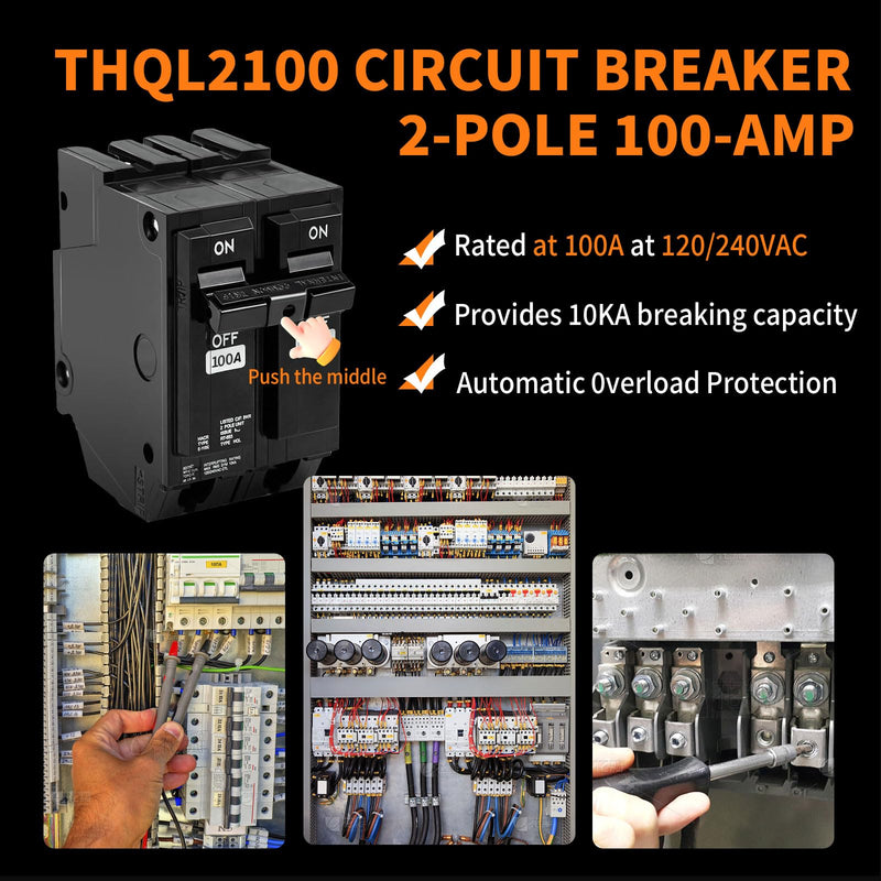 THQL2100 Circuit Breaker 100 Amp 2-Pole, Plug-in Mount, Thermal Magnetic Protection, 10KA, 120/240V, Compatible with GE Q-Line & Thick Series Load Centers