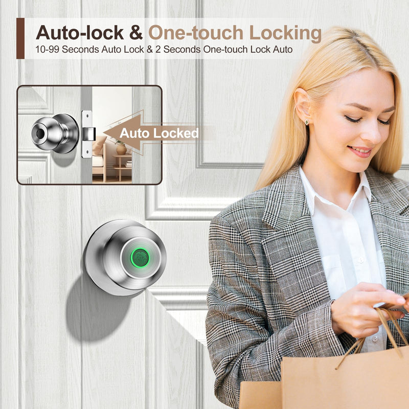 Fingerprint Door Lock，Smart Door Knob, Smart Lock Biometric Door Lock Fingerprint Door knob with App Control Suitable for Bedroom,Utility Room,Apartments Offices,Hotels(Silver) Silver
