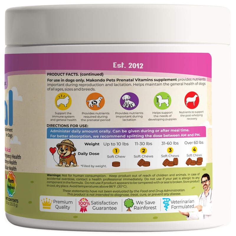 Dog Prenatal Vitamins – 120 Soft Chews Multivitamin, Folic Acid, Zinc, B-Complex, DHA & EPA Omegas and Probiotics Supplement for Pregnant, Nursing Breastfeeding pet – Mom & Puppy Vitamin Formula.