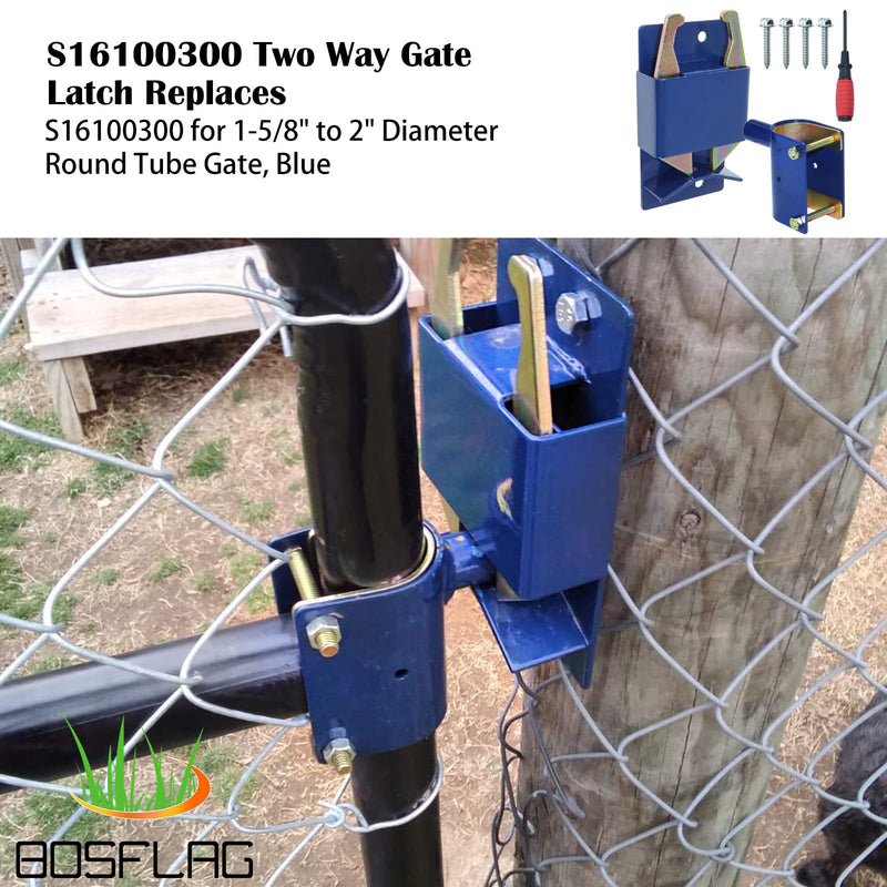 S16100300 Heavy Duty Two Way Gate Latch, 1-5/8" to 2" Diameter Round Tube Gate, Blue, Two Way Fence Gate Latch for Metal Gates, Farms, Ranches, Pastures, Included Screws and Screwdriver 1XS16100300