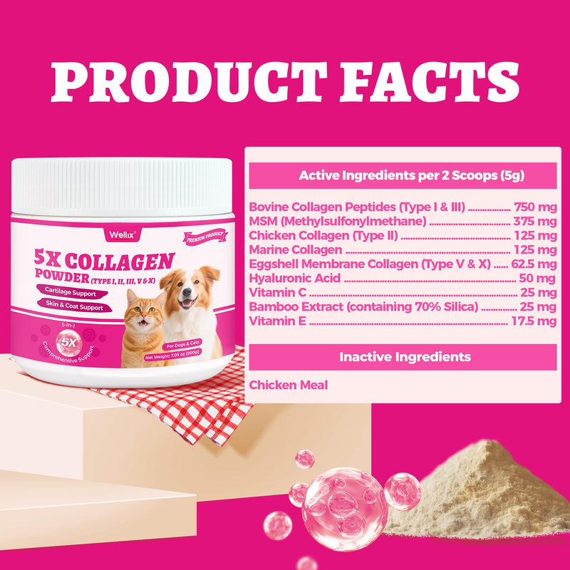 Wellix 7.05oz Natural Collagen Powder for Cats & Dogs - Healthy Skin,Coat,Hip and Joint Supplement for Cat - with MSM,Vitamin C,E,Hyaluronic Acid for Pet Support - Chicken Flavor