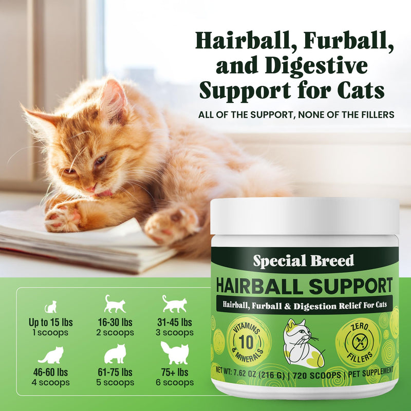 Special Breed Hairball Support for Cats - 10 Super Ingredients for Hairball Relief, Digestive Support & Healthy Skin - No Fillers - Psyllium, Pumpkin, Omega-3s & More - 720 Scoops 7.62oz