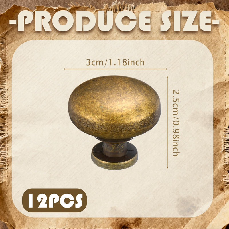12 Pack Antique Brass Cabinet Knobs Vintage Retro Antique Brass Zinc Alloy Cabinet Drawer Knob 1.18 Inch (30mm) Classic Round Kitchen Hardware for Dresser Cupboard Wardrobe