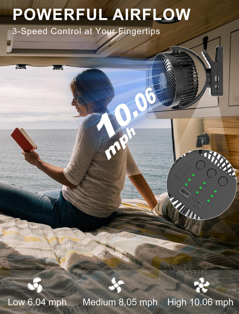 Magnetic Cruise Ship Approved Fan, 12000mAh Battery Operated Clip on Fan with 3 Speeds, LED Lantern, Timer, Magnetically Sticks on Cabin Ceilings and Walls, Cruise Essentials 2026 1-Pack